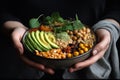 AI GENERATIVE, Woman holding plate with vegan or vegetarian food. Healthy diet. Healthy vegetable dinner or lunch. Tasty