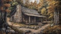 Ai Generative Wooden house in the forest. Digital painting of a log cabin