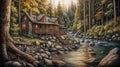 Ai Generative Wooden house in the forest. Digital painting of a log cabin