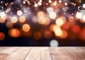 Ai generative. Wooden table, blurred bokeh background background