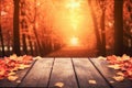 AI generative. Background of autumn forest and old wooden deck table