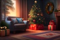 ai generator, artificial intelligence, neural network image. Merry Christmas and Happy New Year. cozy interior,