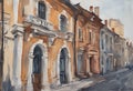 Different old buildings in the city. Painting in gouache on canvas