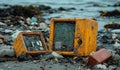 AI generator image of beach littered with garbage and e-waste Royalty Free Stock Photo