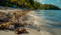 AI generator image of beach littered with garbage and e-waste. Royalty Free Stock Photo