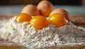 AI generator image of eggs with white flour on table close up detail, flat lay top-down pile of flour cracked raw eggs fully visib