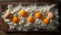 AI generator image of eggs with white flour on table close up detail, flat lay top-down pile of flour cracked raw eggs fully visib
