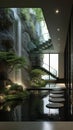 AI generator image of The interior design is striking, featuring an indoor waterfall Royalty Free Stock Photo