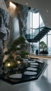 AI generator image of The interior design is striking, featuring an indoor waterfall Royalty Free Stock Photo