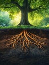 AI generator image of majestic tree with extensive, intricate roots spread deep beneath the soil, visible in a cross-section view.