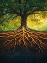 AI generator image of majestic tree with extensive, intricate roots spread deep beneath the soil, visible in a cross-section view.