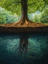 AI generator image of majestic tree with extensive, intricate roots spread deep beneath the soil, visible in a cross-section view.