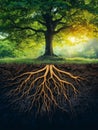 AI generator image of majestic tree with extensive, intricate roots spread deep beneath the soil, visible in a cross-section view.