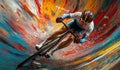 AI generator images of cycling riding an indoor track bicycle on the steep and way dripping in high colourful glossy