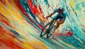 AI generator images of cycling riding an indoor track bicycle on the steep and way dripping in high colourful glossy