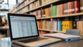AI generator images of A laptop sits on a desk in a library filled with books Royalty Free Stock Photo