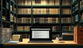 AI generator images of A laptop sits on a desk in a library filled with books Royalty Free Stock Photo