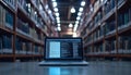 AI generator images of A laptop sits on a desk in a library filled with books Royalty Free Stock Photo