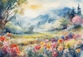 landscape of multicolored flowers watercolor painting style