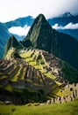 a mountain is shown with ruins and foggy clouds in the background