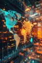 AI Global economic, Detailed image of a close-up digital economic world map, displaying dynamic hologram annotations. The