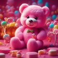 Adorable pink fluffy teddy bear with magical candy land generated by Ai