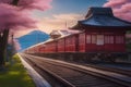 A scene of a Japanese railway harmoniously integrated with its natural surroundings