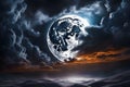 Moonlight gently diffuses through a swirling blanket of dark clouds generated by Ai