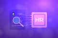 AI in HR - human resource management concept. Artificial intelligence in hiring icon. A robot scans CV resumes database