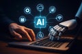 AI and human collaboration on a laptop with connected digital icons artificial intelligence teamwork Royalty Free Stock Photo