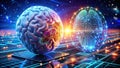 AI Human Interaction, Panoramic Brain Chip, Binary Code, Globe