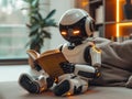 Ai humanized robot or droid reading book on the couch at home, machine learning, humanoid coexist