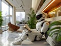 Ai humanized robot or droid reading book on the couch at home, machine learning, humanoid coexist