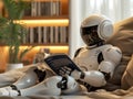 Ai humanized robot or droid reading book on the couch at home, machine learning, humanoid coexist