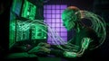 Ai Humanoid Coding on Green Digital Screens in Dark Futuristic Server Room Royalty Free Stock Photo