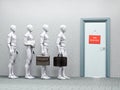 AI humanoid cyborgs standing in queue for job interview