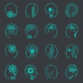AI icon sets on dark background. Collection of symbols, technology vector elements. Artificial intelligence line icons. Editable Royalty Free Stock Photo