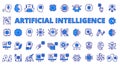 AI icons line design blue. Deep learning, artificial intelligence, intelligence, generative AI, artificial, drawing AI