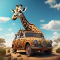 AI illustartion of a giraffe standing on a car roof