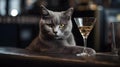 AI illustration of an adorable grey cat relaxing on the bar counter near a glass of iced cocktail.