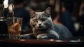 AI illustration of an adorable grey cat relaxing on the bar counter near a glass of iced cocktail.