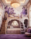 An AI illustration of a very cute purple castle bed with stairs to the loft