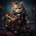 AI illustration of An adorable tabby cat playing a unique hybrid instrument of an accordion