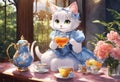 An AI illustration of a cat holding a cup and tea near a table with two tea cups Royalty Free Stock Photo