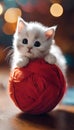 AI illustration of an adorable white kitten perched atop a vibrant red ball of yarn.