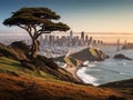 AI illustration of an aerial view of San Francisco, California, with a large tree in the center. Royalty Free Stock Photo