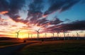 An AI illustration of wind turbines in a large field on a sunset day from the car window Royalty Free Stock Photo