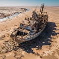 An AI illustration of an old fishing boat that is sitting on some sand in the water