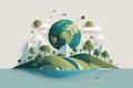 An AI illustration of the earth, in a flat design, floating in a body of water