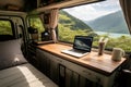An AI illustration of a laptop and coffee in the back of an open van